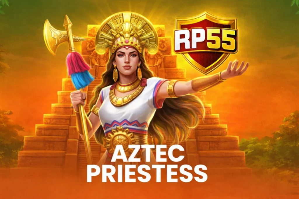 Tampilan permainan AZTEC PRIESTESS di RP55 dengan karakter pendeta Aztec dan latar kuil kuno