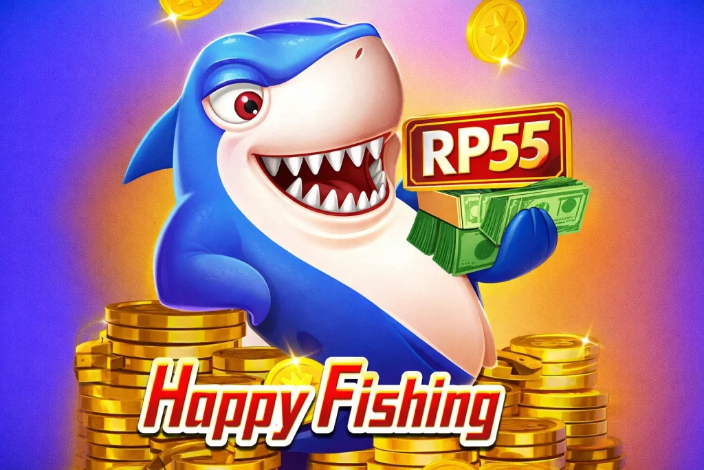 Tampilan permainan Happy Fishing dengan tema laut santai di platform RP55