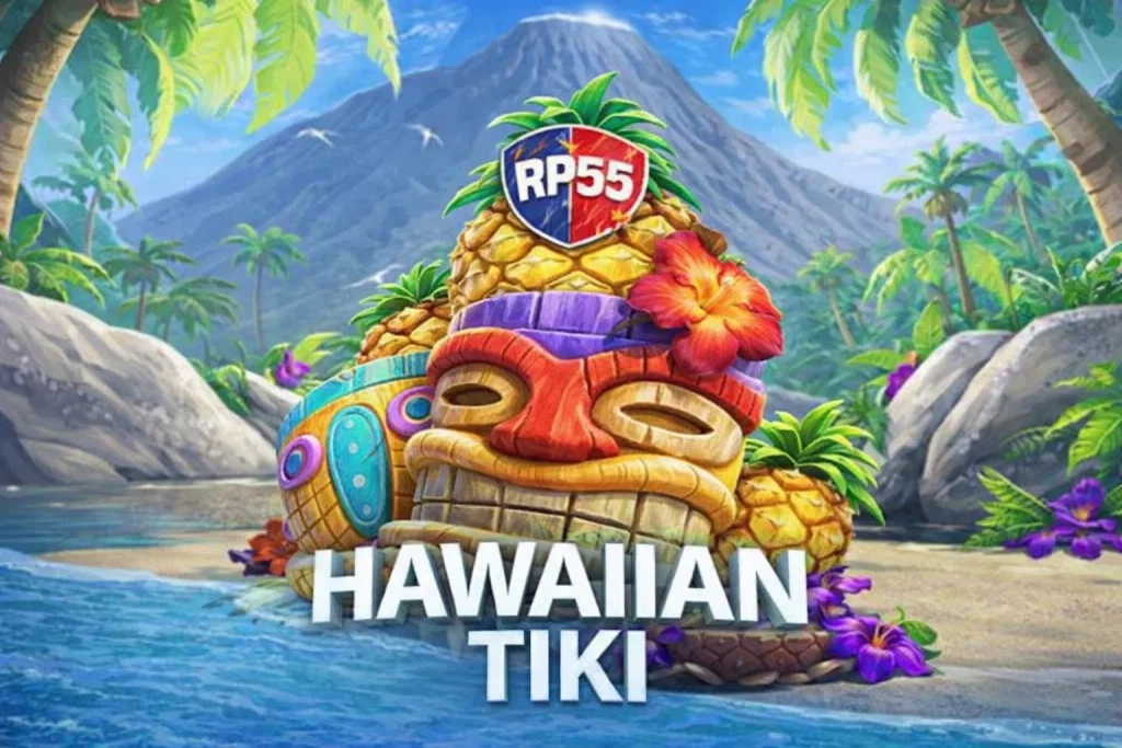 Permainan Hawaiian Tiki di RP55 dengan tema pulau tropis dan simbol tiki khas Hawaii
