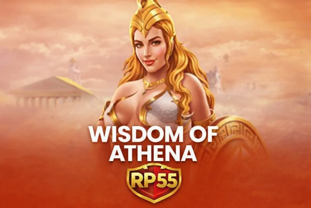 Visual WISDOM OF ATHENA di RP55 menampilkan simbol mitologi Yunani yang elegan dan pengalaman bermain yang nyaman