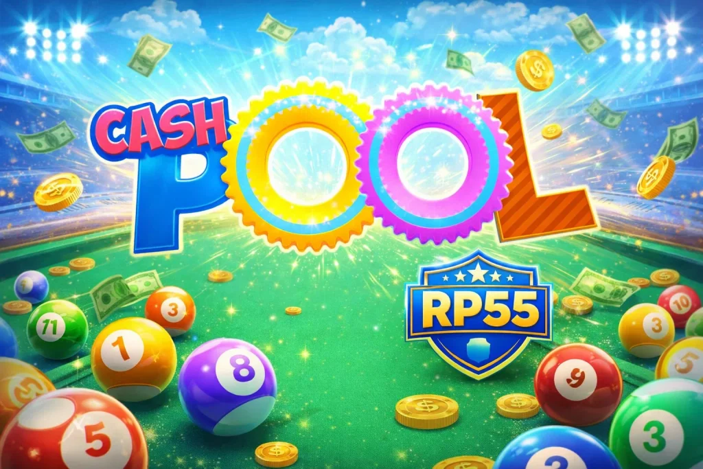 Tampilan utama permainan CASH POOL di platform RP55 dengan tema meja biliar modern dan visual elegan