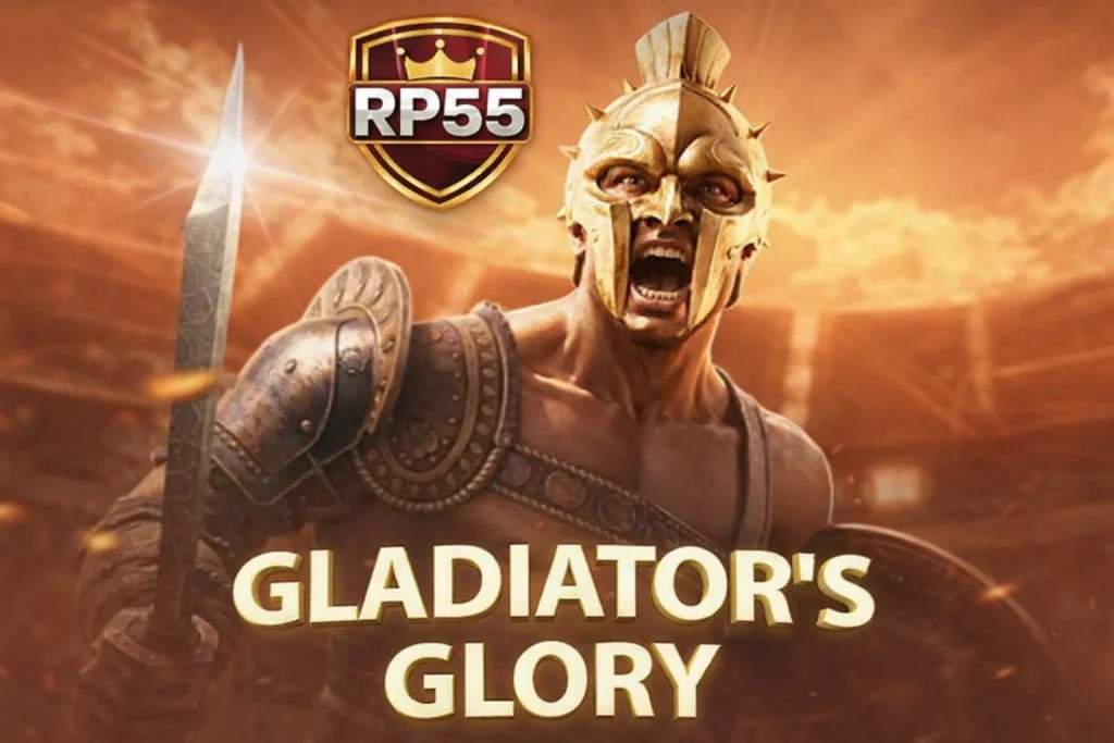 Tampilan arena klasik GLADIATOR'S GLORY di platform RP55 dengan desain gladiator dan simbol Romawi yang detail.